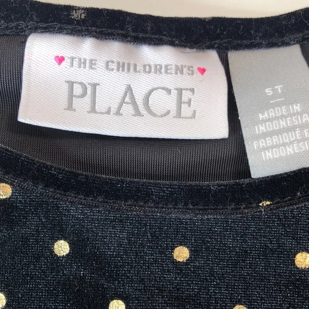 The Children’s Place elegant black velvet like dress gold glittery dots girls 5T